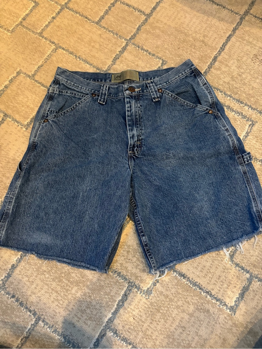 Lee Raw Hem Carpenter Denim Shorts in Dark Blue